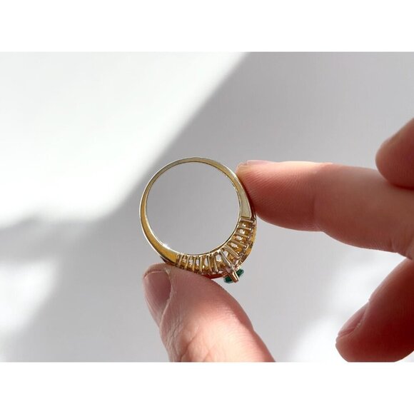 Green Emerald & CZ Wavy Vintage Sterling Silver Gold T Vermeil Ring - sz 10.25 - Picture 8 of 10